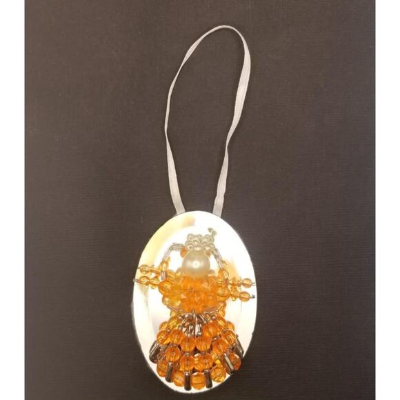 Vintage Beaded Angel Ornament Mirror 3" Pearl Handmade with Safety Pins Orange - Picture 2 of 5